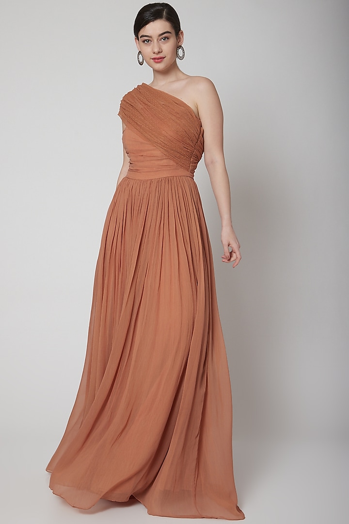 Nude One Shoulder Corseted Gown by Swatee Singh