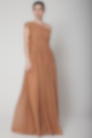 Nude Ruffled Gown With Ruching by Swatee Singh