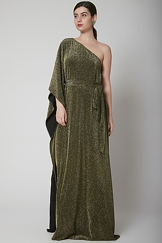 Gold Metallic Gown With Belt by Swatee Singh