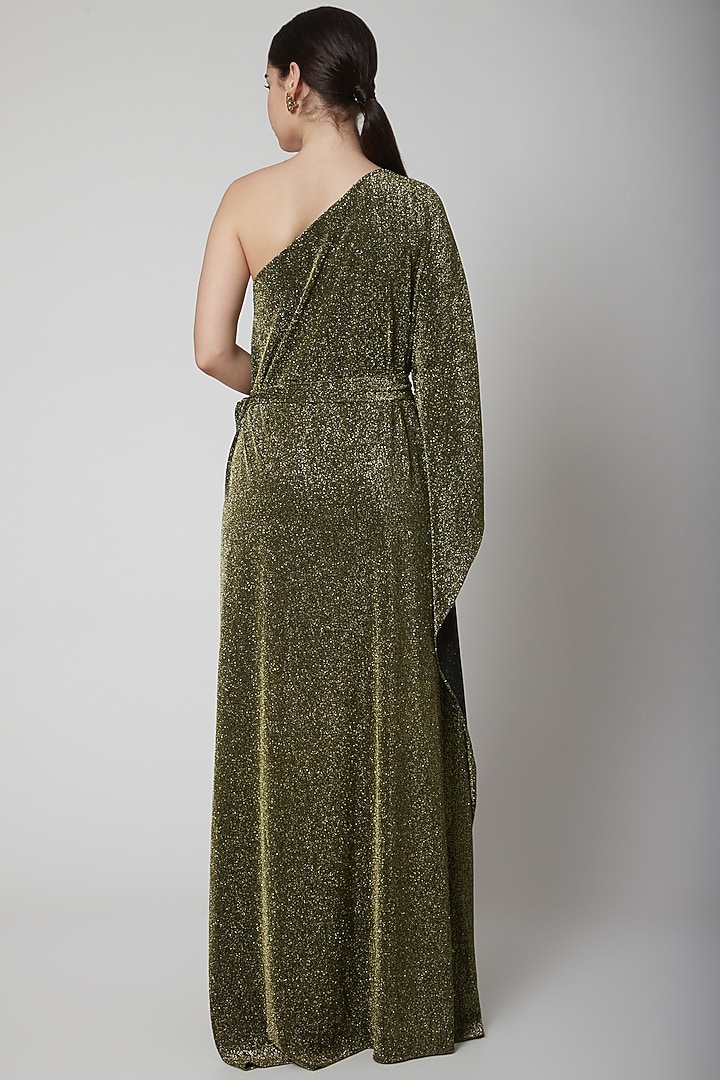 Gold Metallic Gown With Belt by Swatee Singh at Pernia's Pop Up Shop
