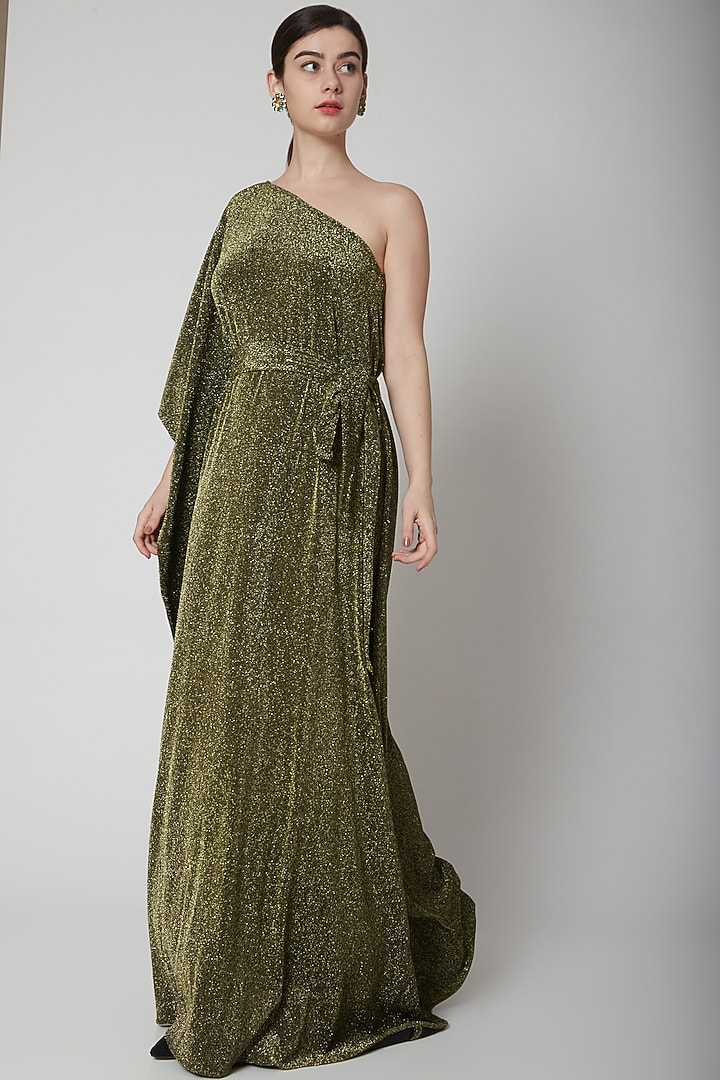 Gold Metallic Gown With Belt by Swatee Singh at Pernia's Pop Up Shop