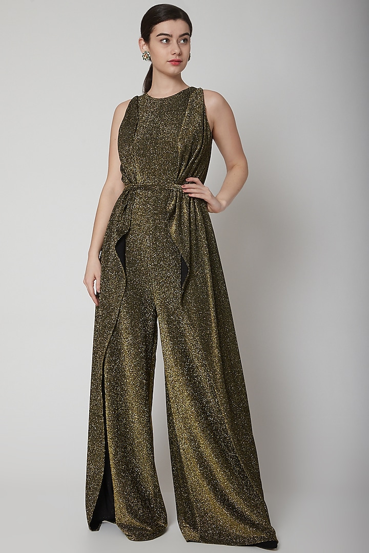Gold Halter Jumpsuit With Flag Drapes by Swatee Singh
