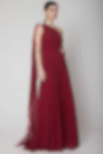 Maroon One Shoulder Pleated Gown by Swatee Singh at Pernia's Pop Up Shop