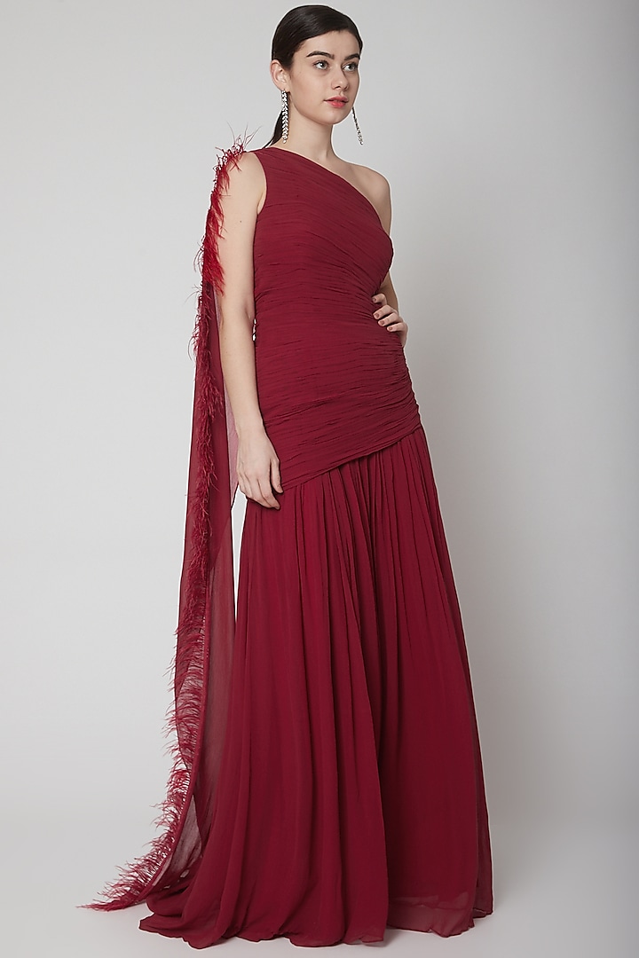 Maroon One Shoulder Pleated Gown by Swatee Singh at Pernia's Pop Up Shop