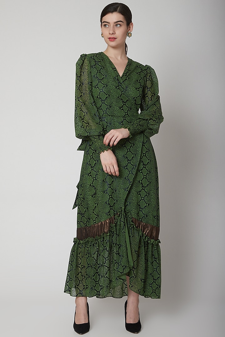Mehendi Green Printed Wrap Dress by Swatee Singh