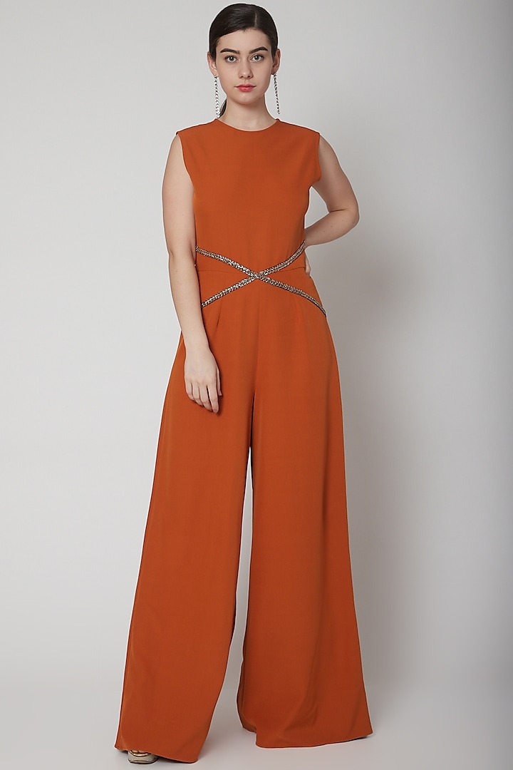 Orange Hand Embroidered Jumpsuit by Swatee Singh