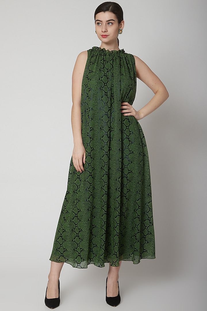Mehendi Green Animal Printed Flared Dress by Swatee Singh