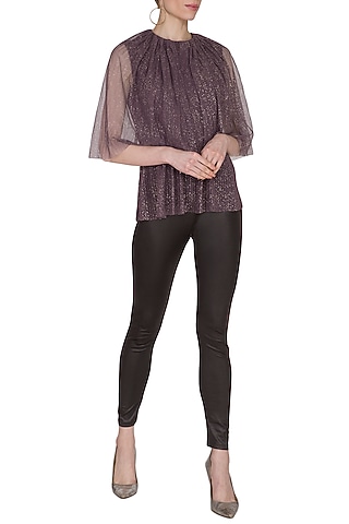 Dark Brown Frilled Peplum Top by Swatee Singh
