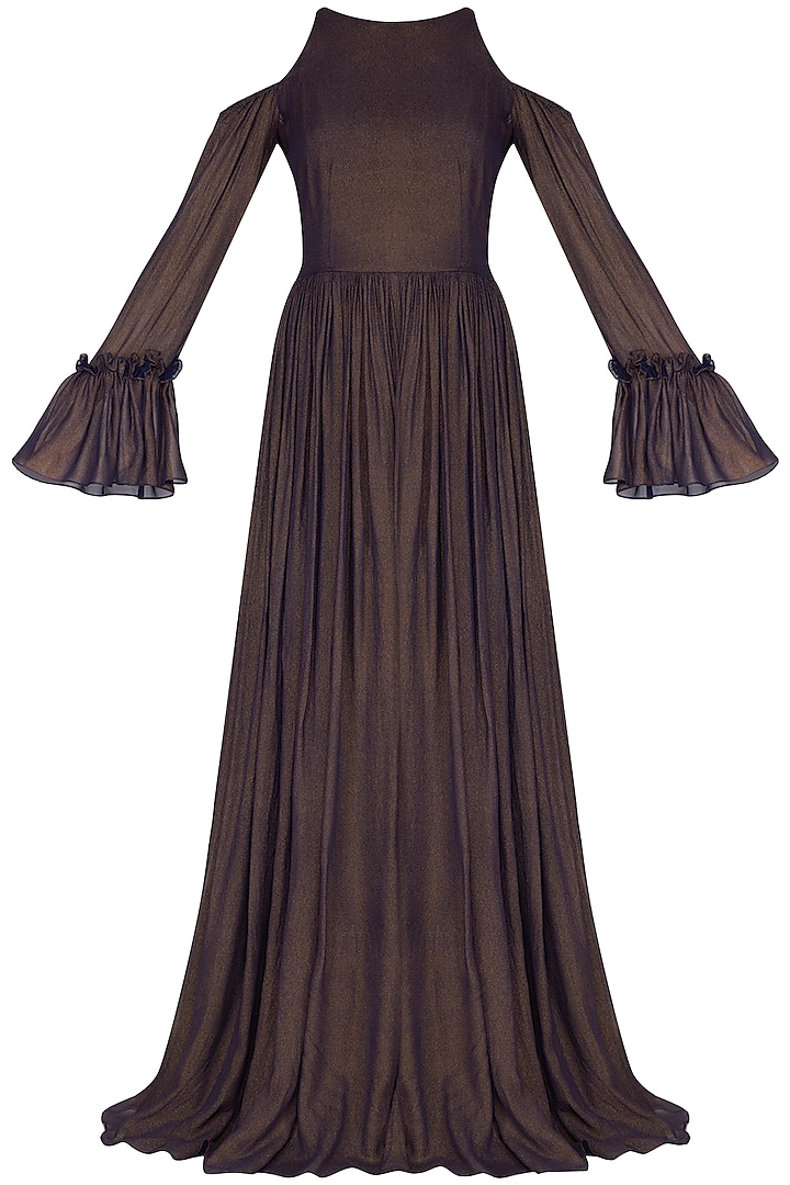 Dark Brown Flared Cold Shoulder Gown by Swatee Singh