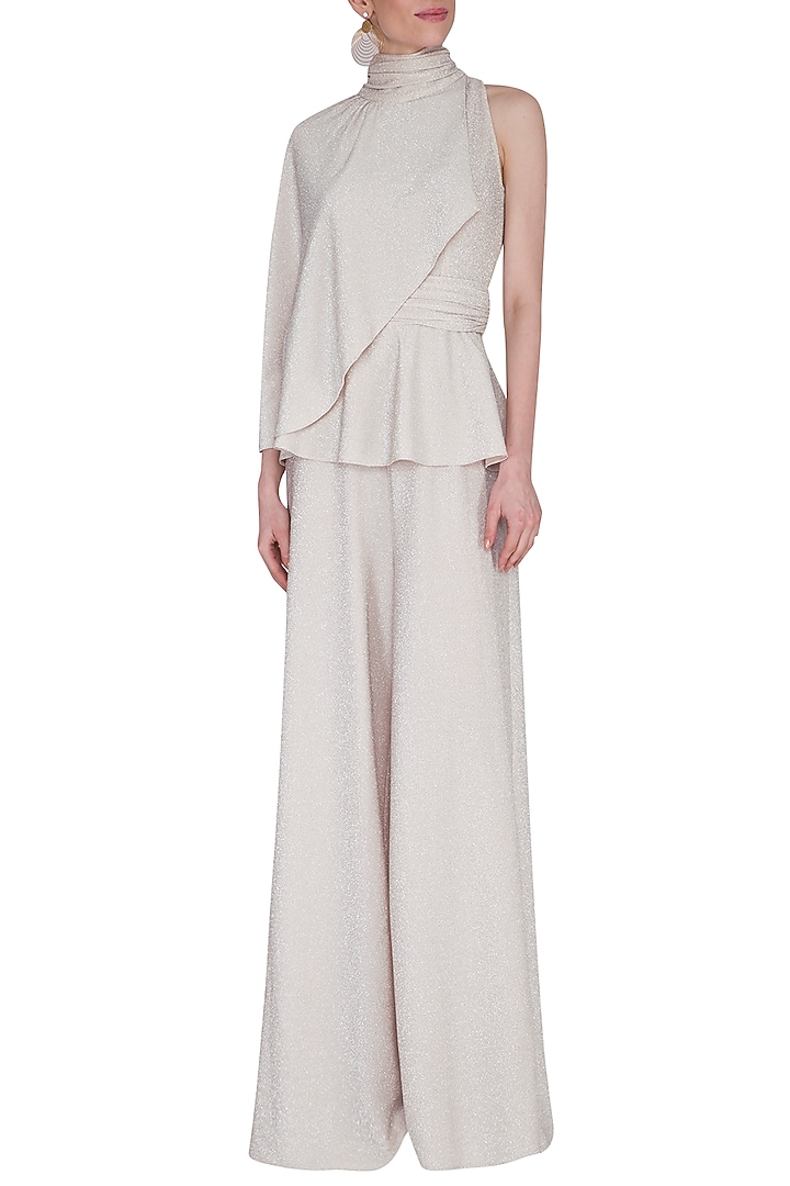Ivory Peplum Wide Leg Jumpsuit by Swatee Singh at Pernia's Pop Up Shop