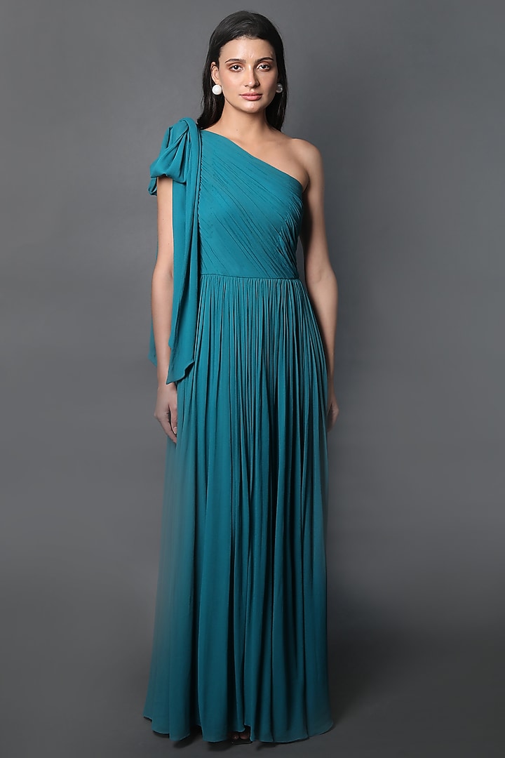 Jewel Blue Georgette Ruched Party Wear Gown by Swatee Singh at Pernia's Pop Up Shop
