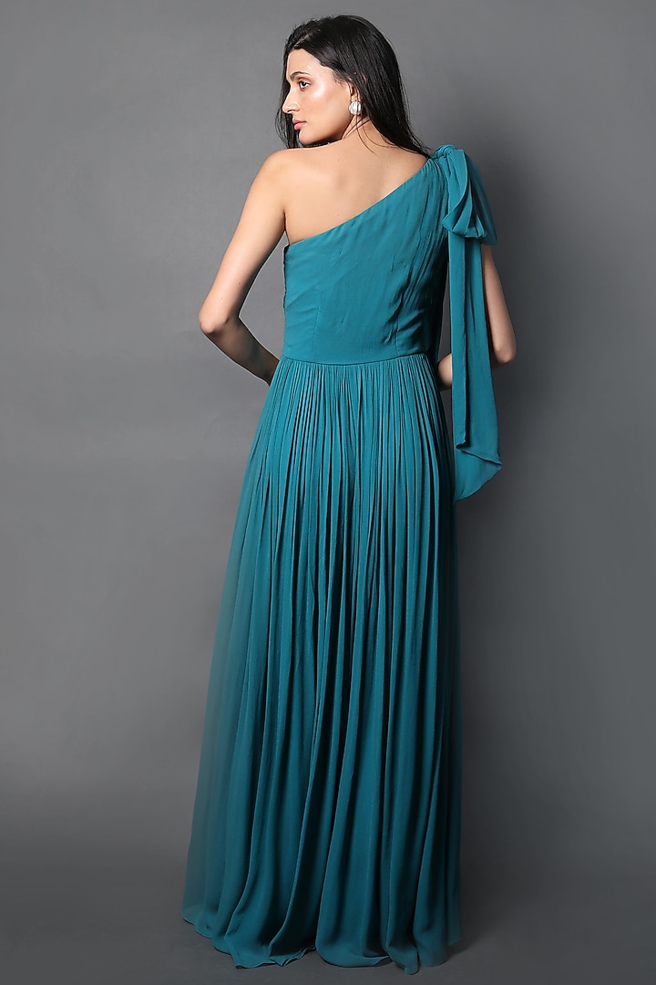 Jewel Blue Georgette Ruched Party Wear Gown by Swatee Singh at Pernia's Pop Up Shop