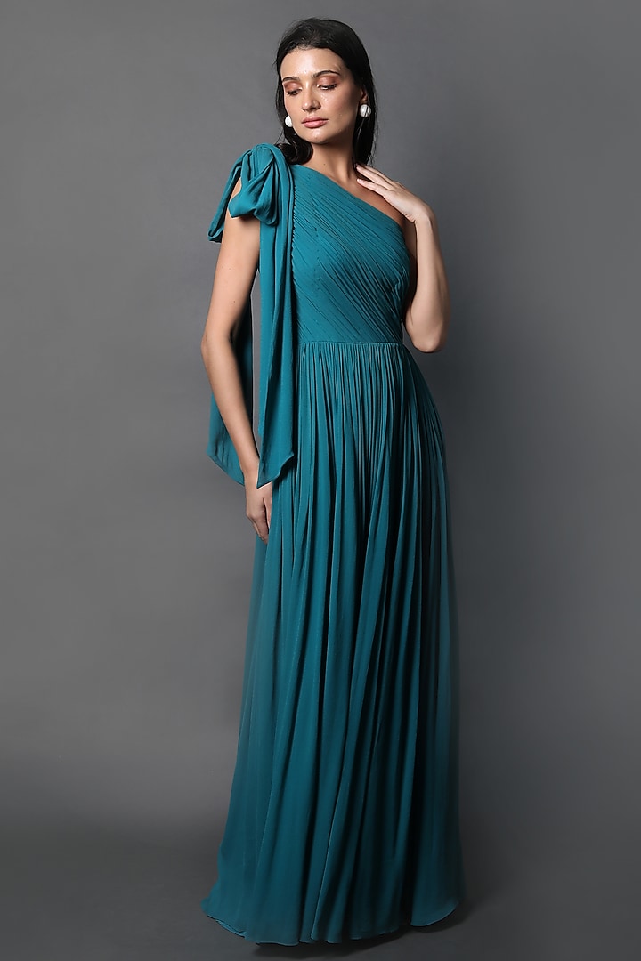 Jewel Blue Georgette Ruched Party Wear Gown by Swatee Singh at Pernia's Pop Up Shop