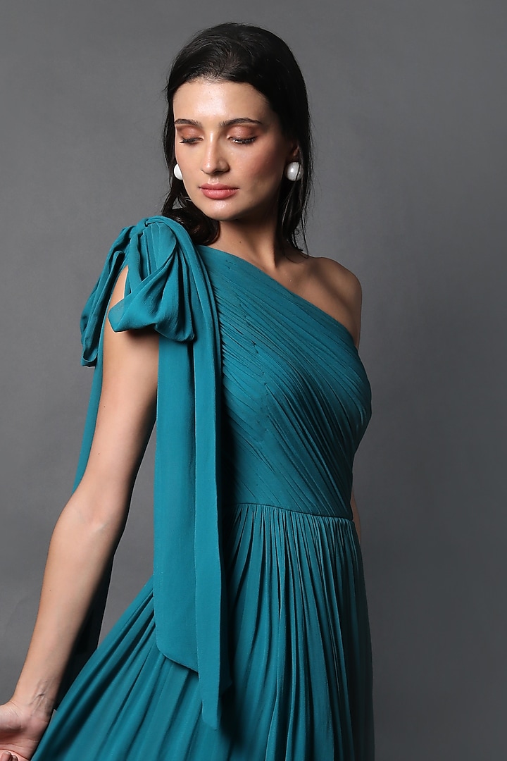 Jewel Blue Georgette Ruched Party Wear Gown by Swatee Singh at Pernia's Pop Up Shop