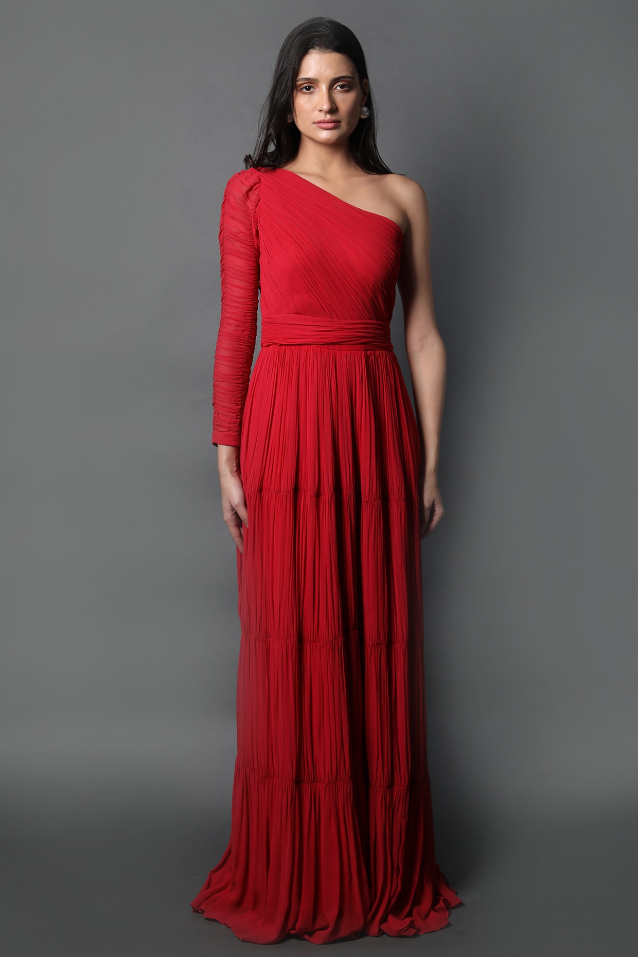Red Georgette One-Shoulder Ruched Party Wear Gown by Swatee Singh at  Pernia's Pop Up Shop