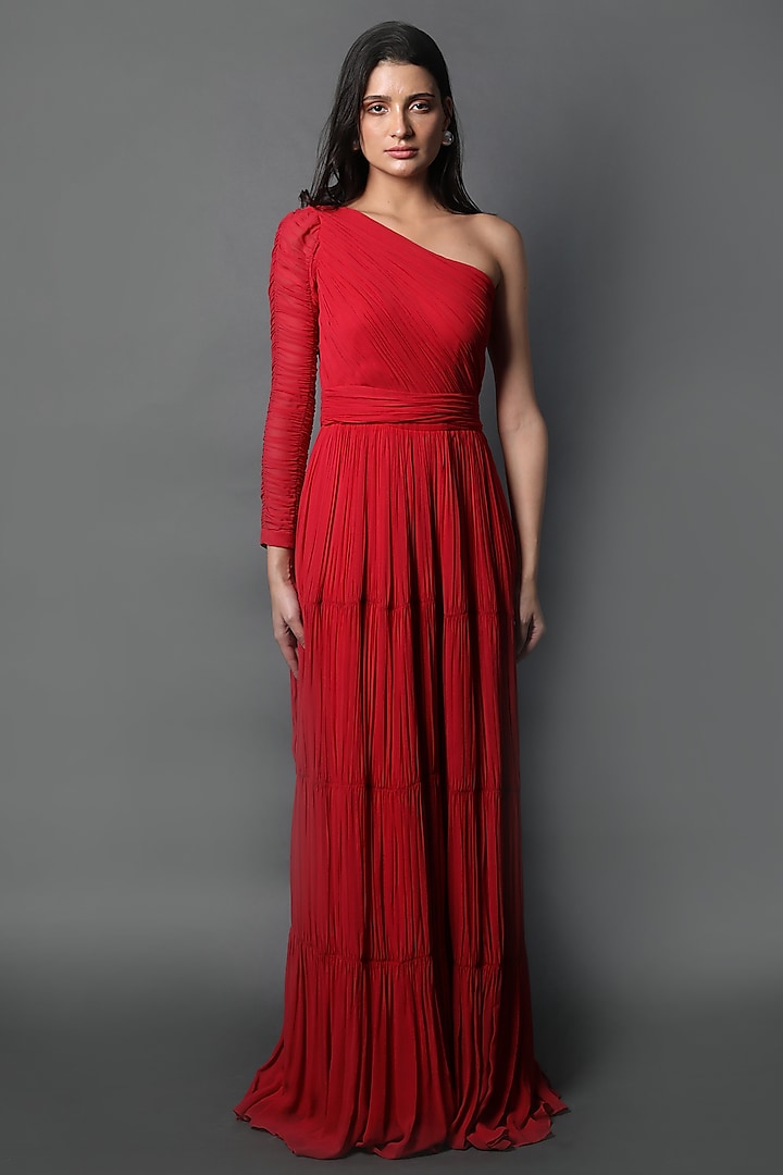 Red Georgette One-Shoulder Ruched Gown by Swatee Singh