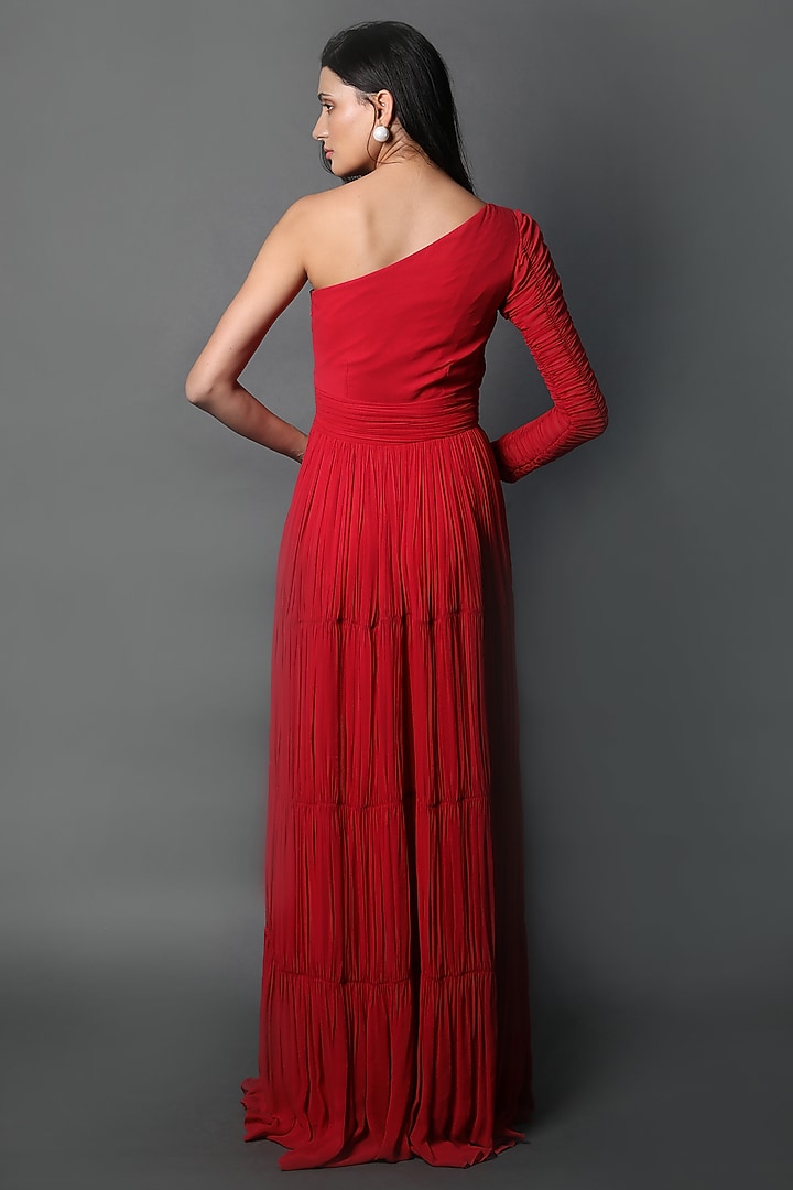 Red Georgette One-Shoulder Ruched Party Wear Gown by Swatee Singh at Pernia's Pop Up Shop