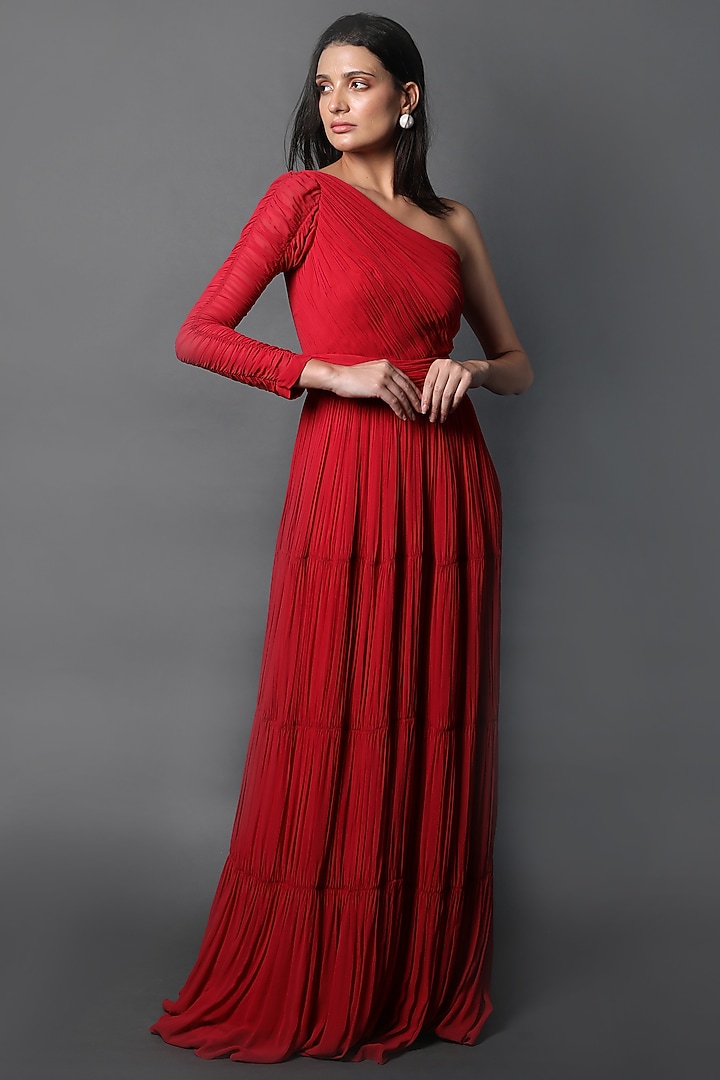 Red Georgette One-Shoulder Ruched Party Wear Gown by Swatee Singh at Pernia's Pop Up Shop