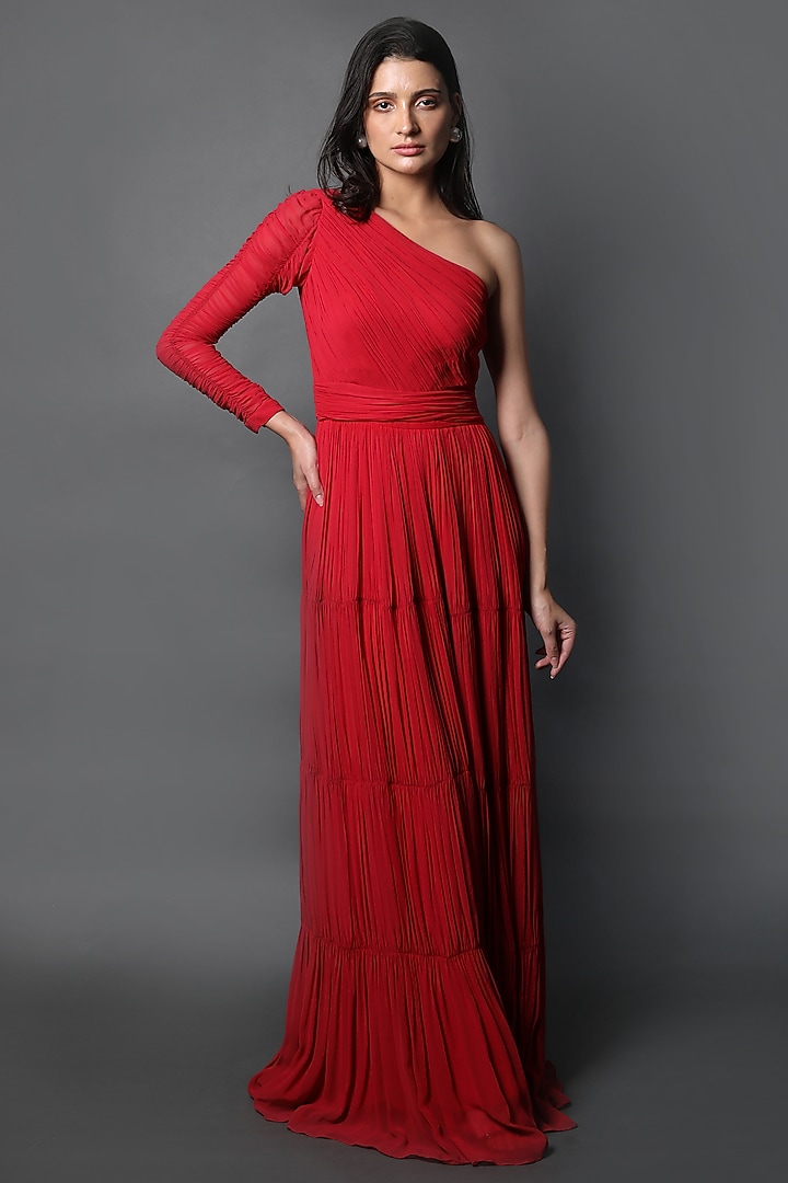 Red Georgette One-Shoulder Ruched Party Wear Gown by Swatee Singh at Pernia's Pop Up Shop