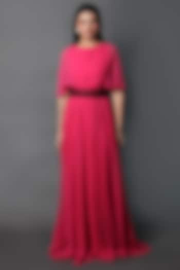 Fuchsia Georgette Gown With Attached Cape by Swatee Singh