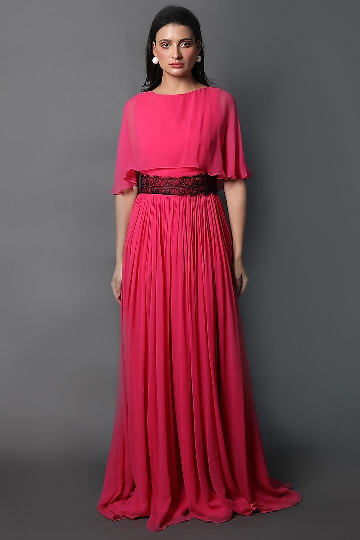 Fuchsia Georgette Gown With Attached Cape by Swatee Singh
