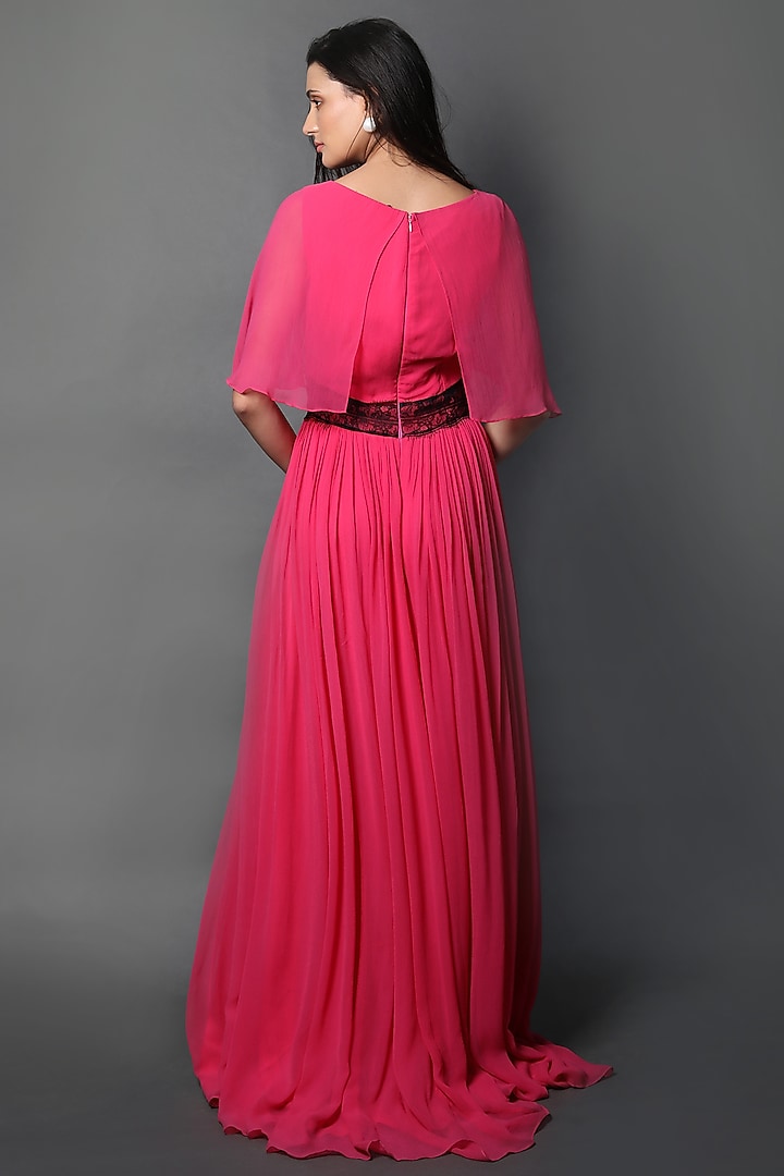 Fuchsia Georgette Party Wear Gown With Attached Cape by Swatee Singh at Pernia's Pop Up Shop