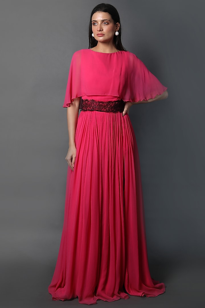 Fuchsia Georgette Party Wear Gown With Attached Cape by Swatee Singh at Pernia's Pop Up Shop