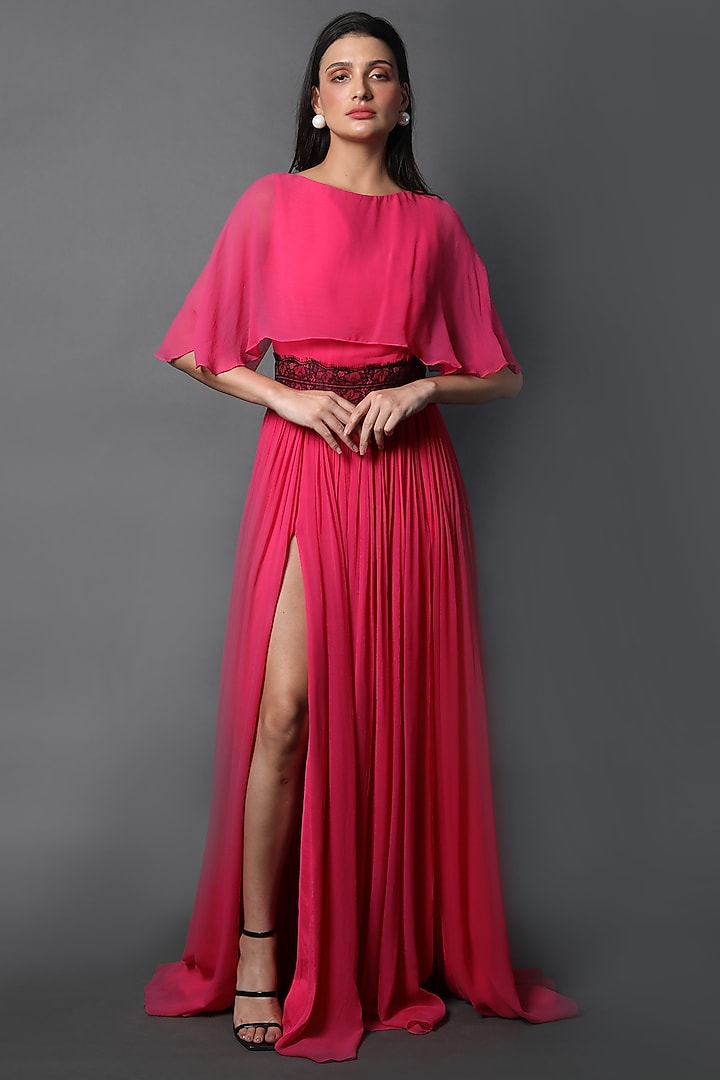 Fuchsia Georgette Party Wear Gown With Attached Cape by Swatee Singh at Pernia's Pop Up Shop