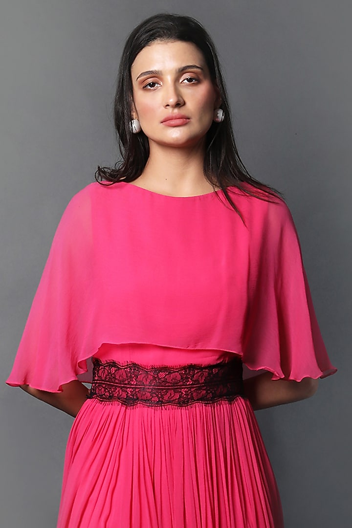 Fuchsia Georgette Party Wear Gown With Attached Cape by Swatee Singh at Pernia's Pop Up Shop