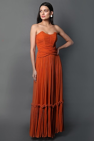 Orange Georgette Corset Gown by Swatee Singh