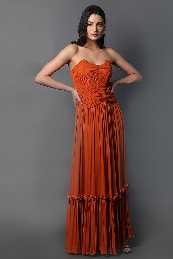 Orange Georgette Corset Party Wear Gown by Swatee Singh at Pernia's Pop Up Shop