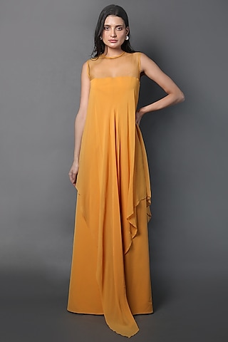 Mustard Heavy Crepe & Georgette Jumpsuit by Swatee Singh