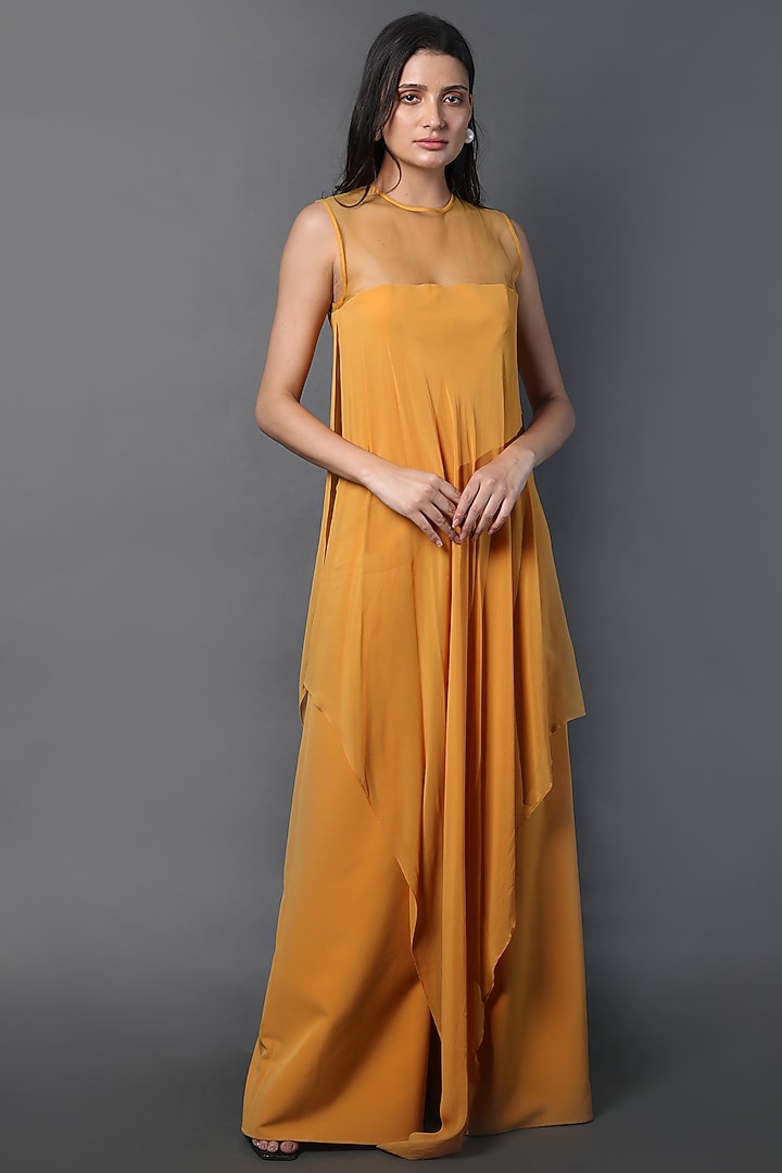 Mustard Heavy Crepe & Georgette Jumpsuit by Swatee Singh at Pernia's Pop Up Shop