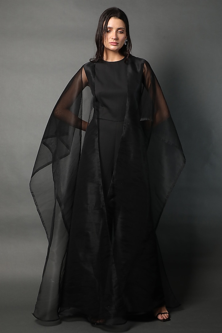 Black Heavy Georgette & Organza Jumpsuit by Swatee Singh at Pernia's Pop Up Shop