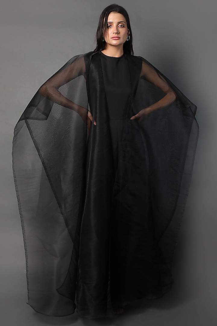 Black Heavy Georgette & Organza Jumpsuit by Swatee Singh at Pernia's Pop Up Shop