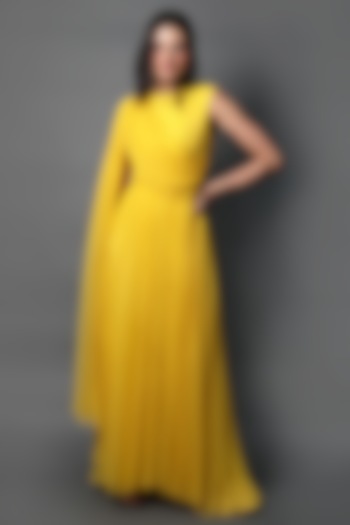 Yellow Georgette Draped Gown by Swatee Singh