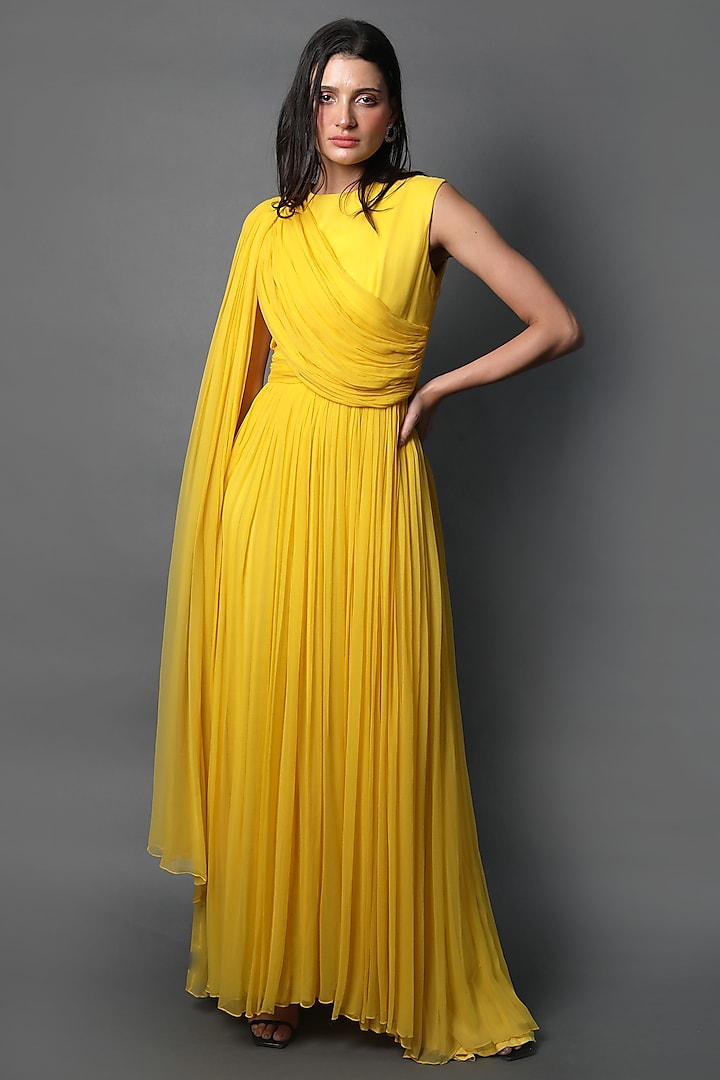 Yellow Georgette Draped Gown by Swatee Singh at Pernia's Pop Up Shop