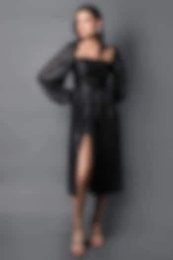 Black Satin Ruched Dress by Swatee Singh