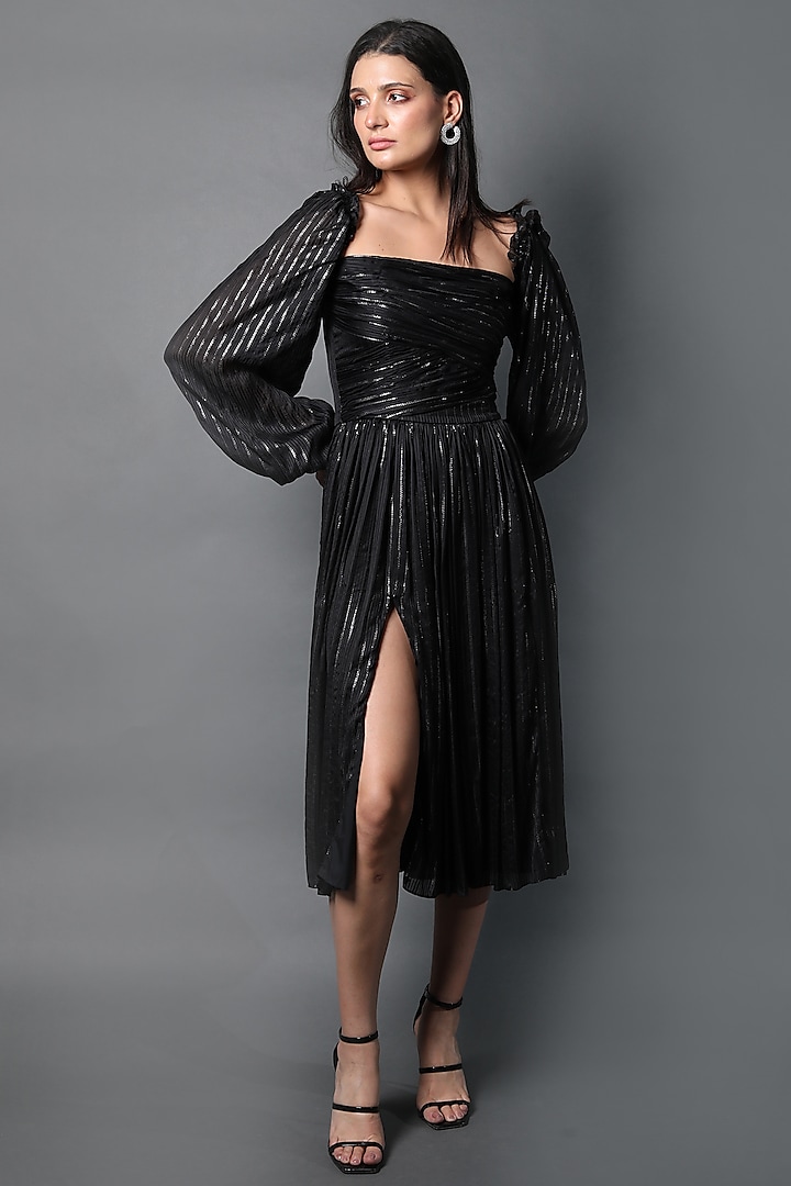 Black Satin Ruched Dress by Swatee Singh