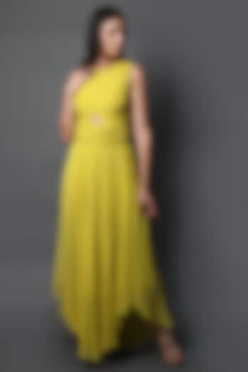 Lime Yellow Georgette Ruched Gown by Swatee Singh
