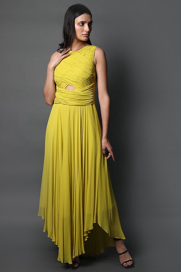 Lime Yellow Georgette Ruched Gown by Swatee Singh
