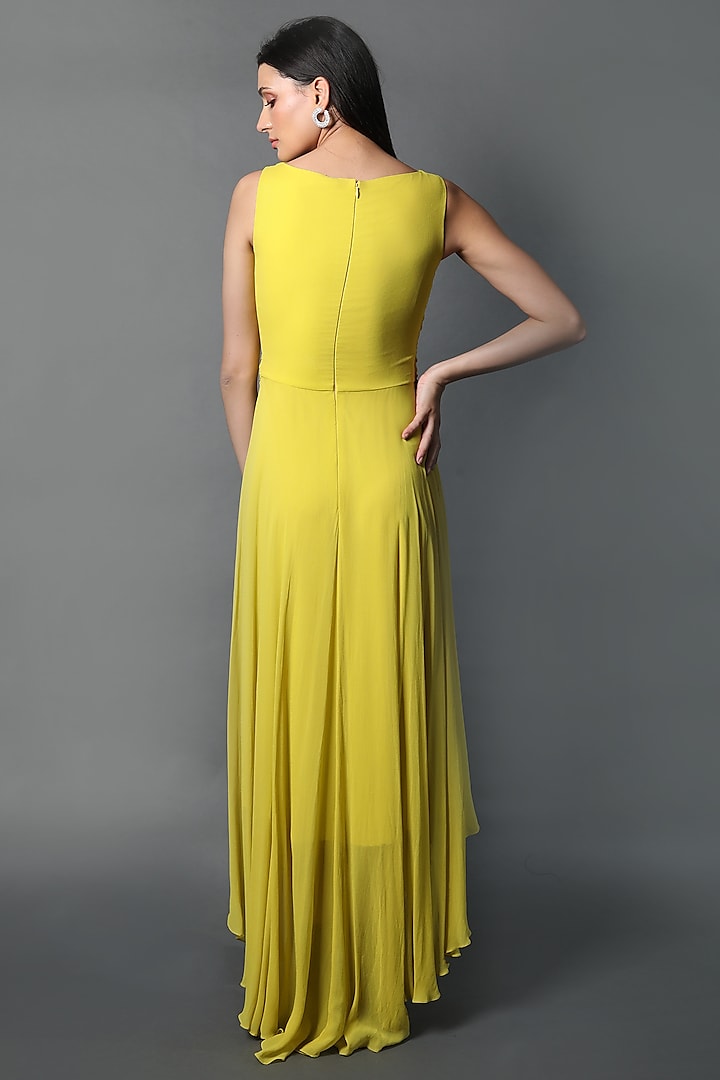 Lime Yellow Georgette Ruched Party Wear Gown by Swatee Singh at Pernia's Pop Up Shop