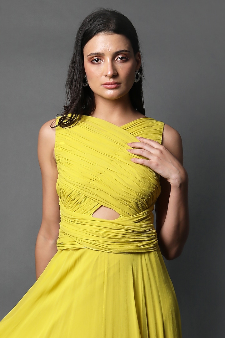 Lime Yellow Georgette Ruched Party Wear Gown by Swatee Singh at Pernia's Pop Up Shop