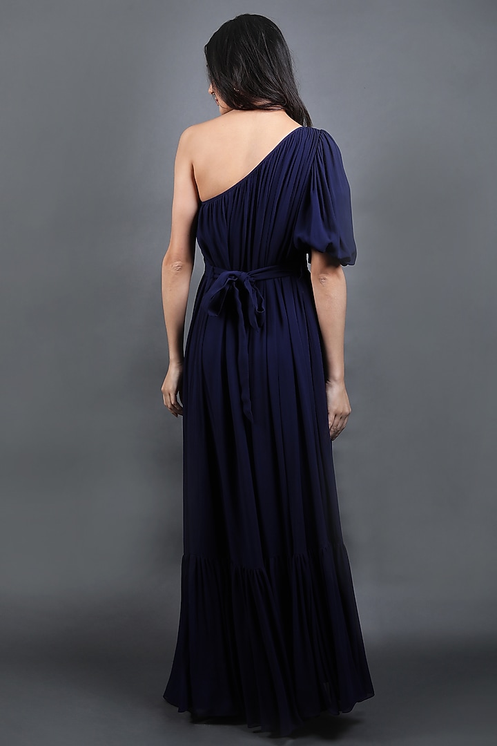 Navy Blue Georgette pleated One-Shoulder Party Wear Gown by Swatee Singh at Pernia's Pop Up Shop
