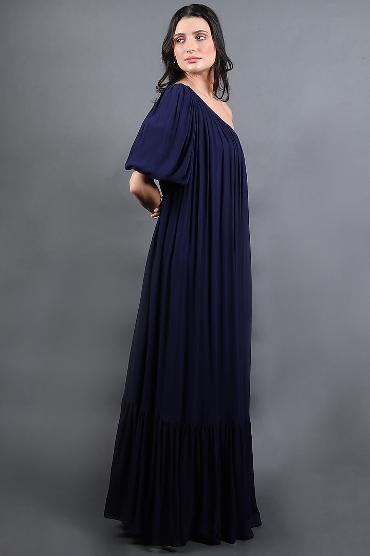 Navy Blue Georgette pleated One-Shoulder Party Wear Gown by Swatee Singh at Pernia's Pop Up Shop