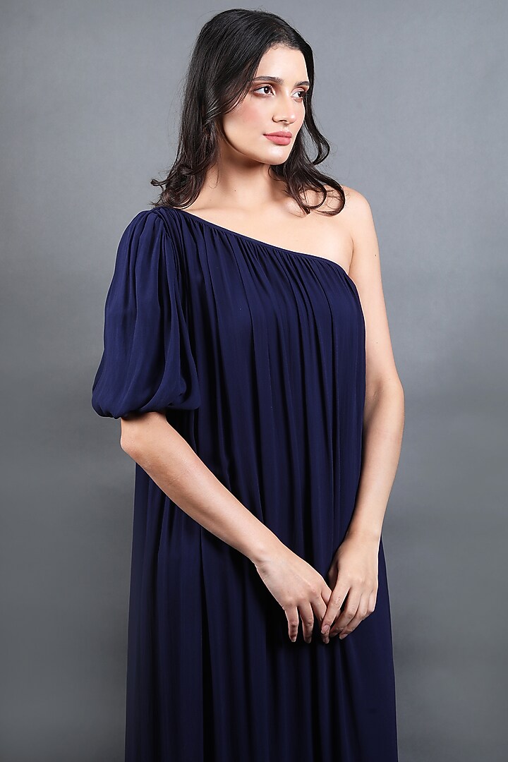 Navy Blue Georgette pleated One-Shoulder Party Wear Gown by Swatee Singh at Pernia's Pop Up Shop