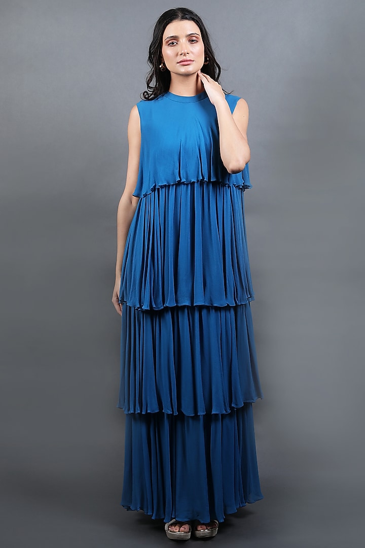 Cobalt Blue Georgette Tiered Dress by Swatee Singh