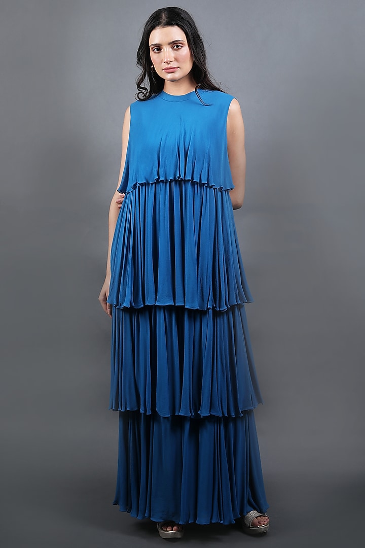 Cobalt Blue Georgette Tiered Vacation Dress by Swatee Singh at Pernia's Pop Up Shop