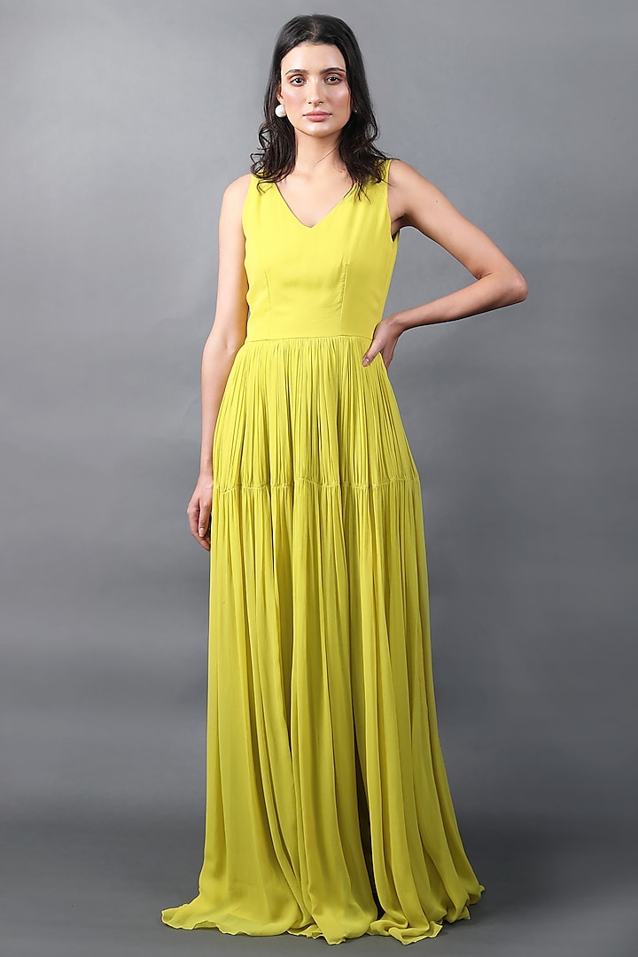 Lime Yellow Georgette Gown by Swatee Singh
