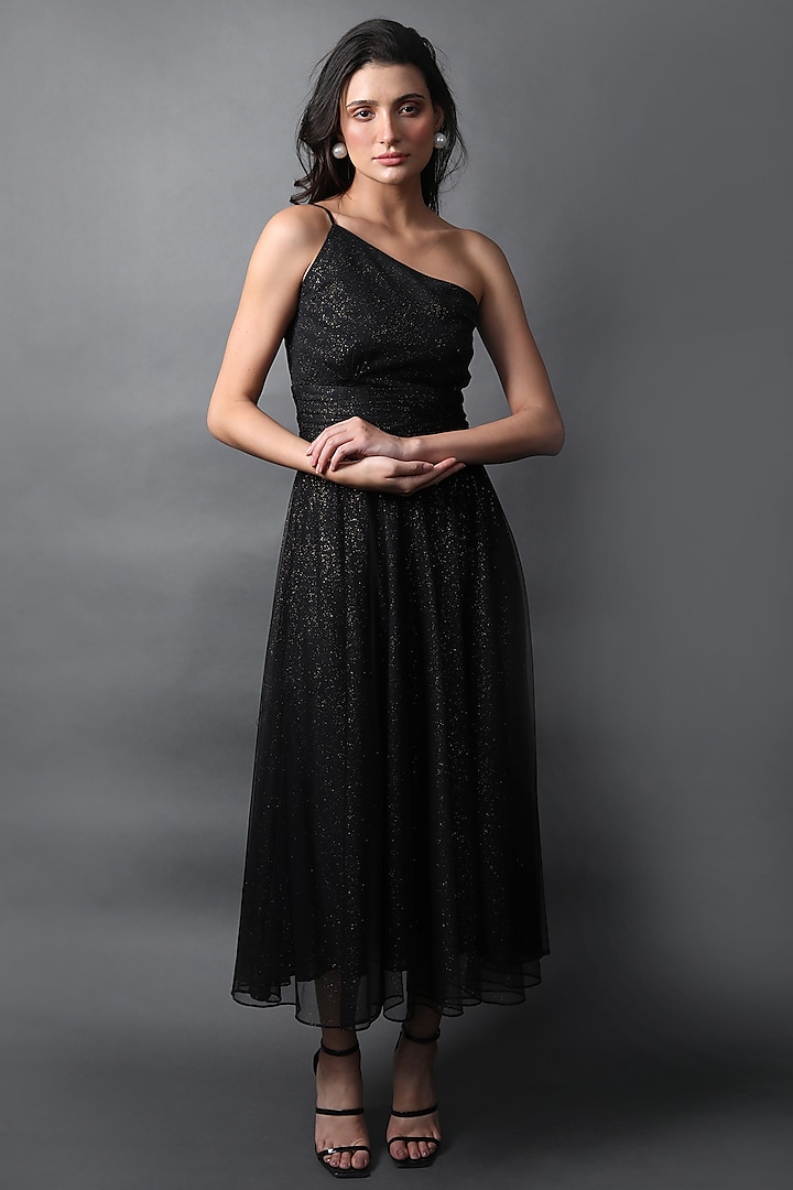 Black Swarovski Tulle One-Shoulder Dress by Swatee Singh